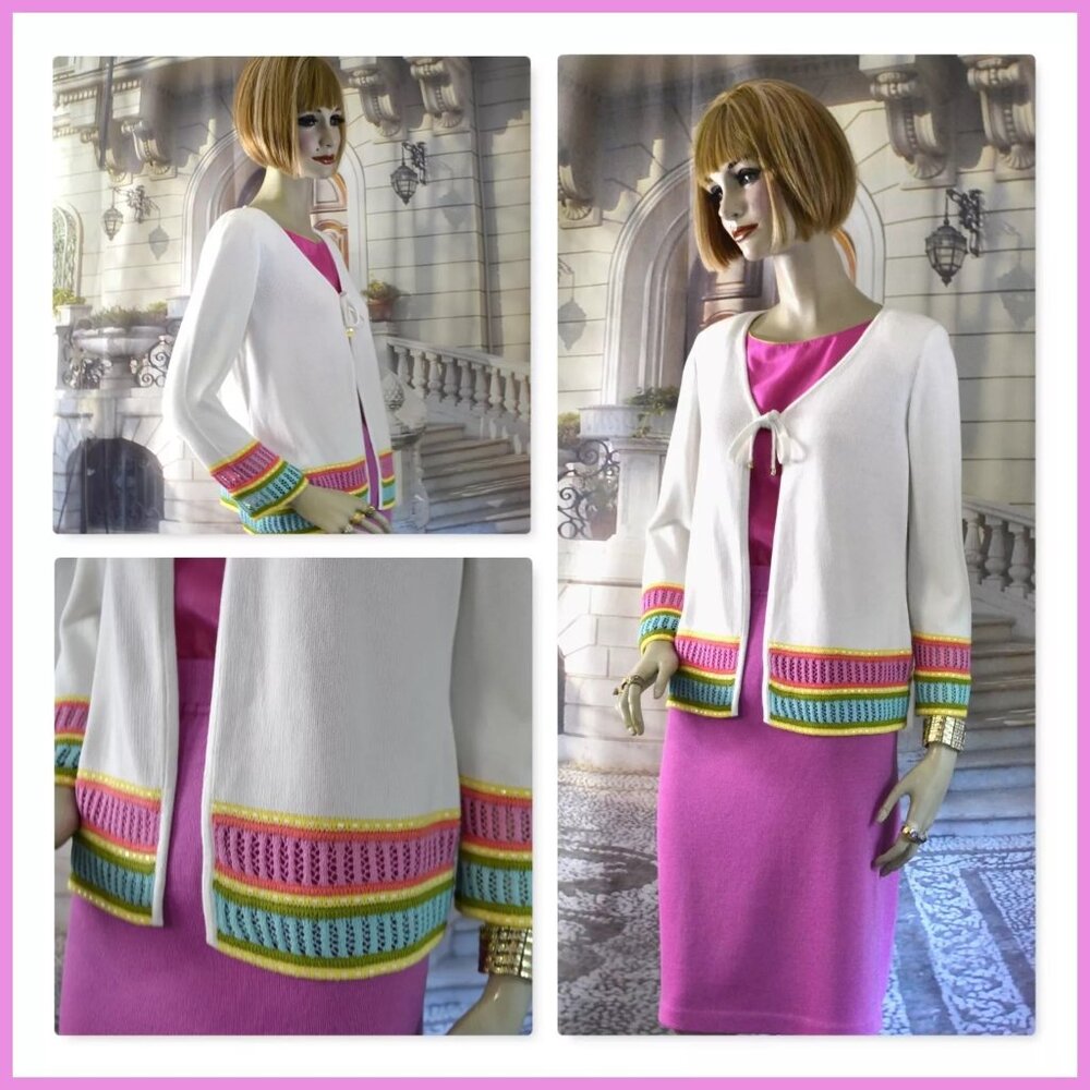 St. John White Cardigan Blazer with Pink, Yellow & Green Trim